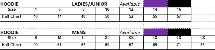 hoodie sizing chart