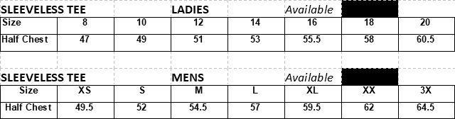 sleeveless tee sizing chart